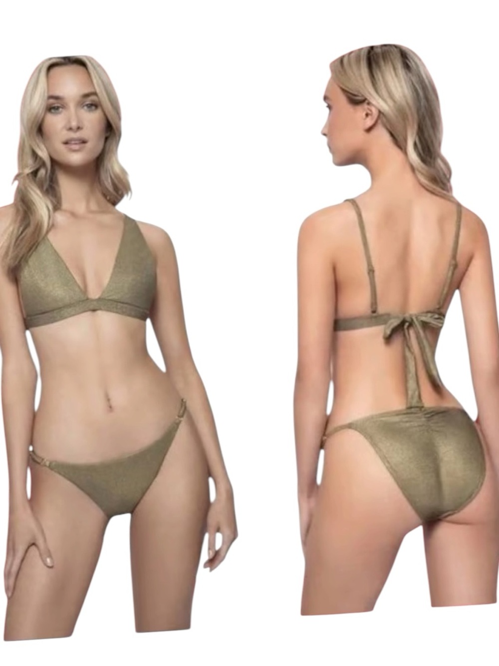 PQ Swim Euphoria Vivian Halter Bikini Set Olive Metallic Gold Shimmer S NWT
